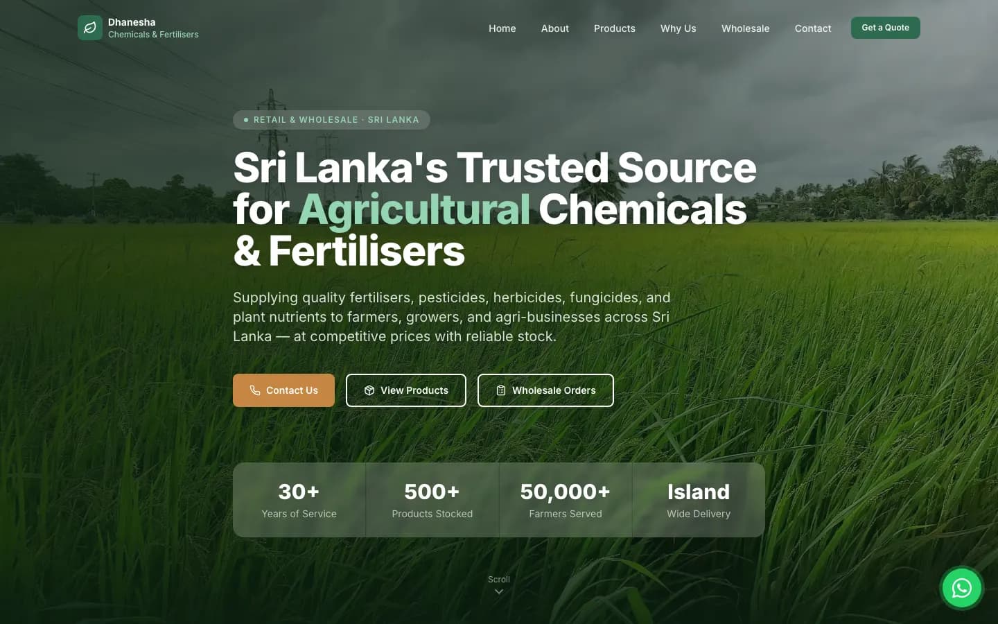 Dhanesha Chemicals & Fertilisers homepage over a green paddy field, with product and wholesale calls to action.