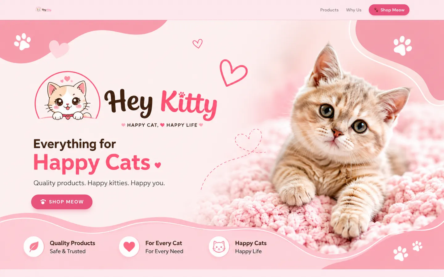HeyKitty homepage in pink with a kitten on a blanket and the headline “Everything for Happy Cats”.