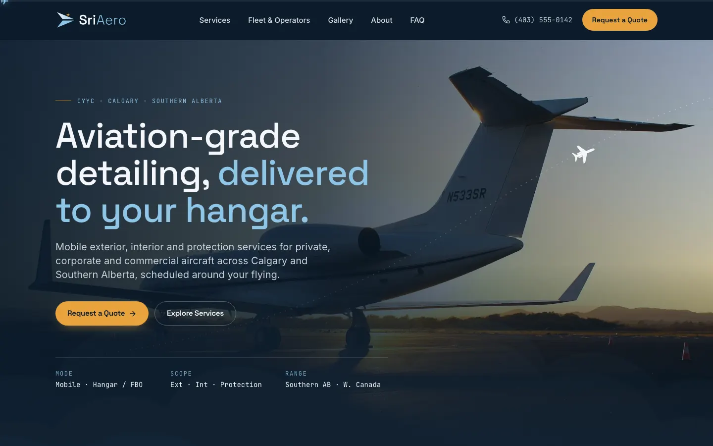 Sri Aero homepage: a private jet at sunset with the headline “Aviation-grade detailing, delivered to your hangar.”