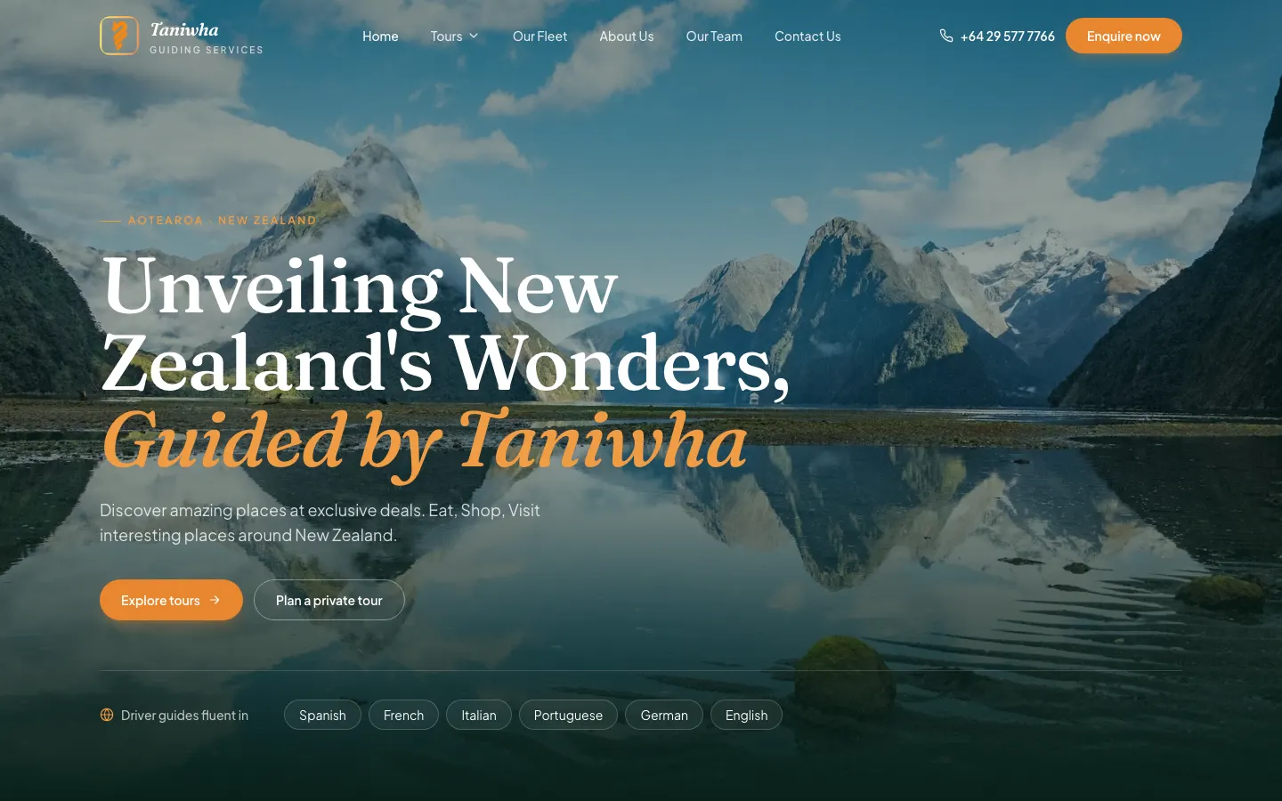 Taniwha Guiding Services homepage with a Milford Sound landscape and the headline “Unveiling New Zealand’s Wonders”.